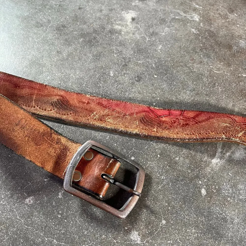vintage water damaged nubuck leather belt mountain design